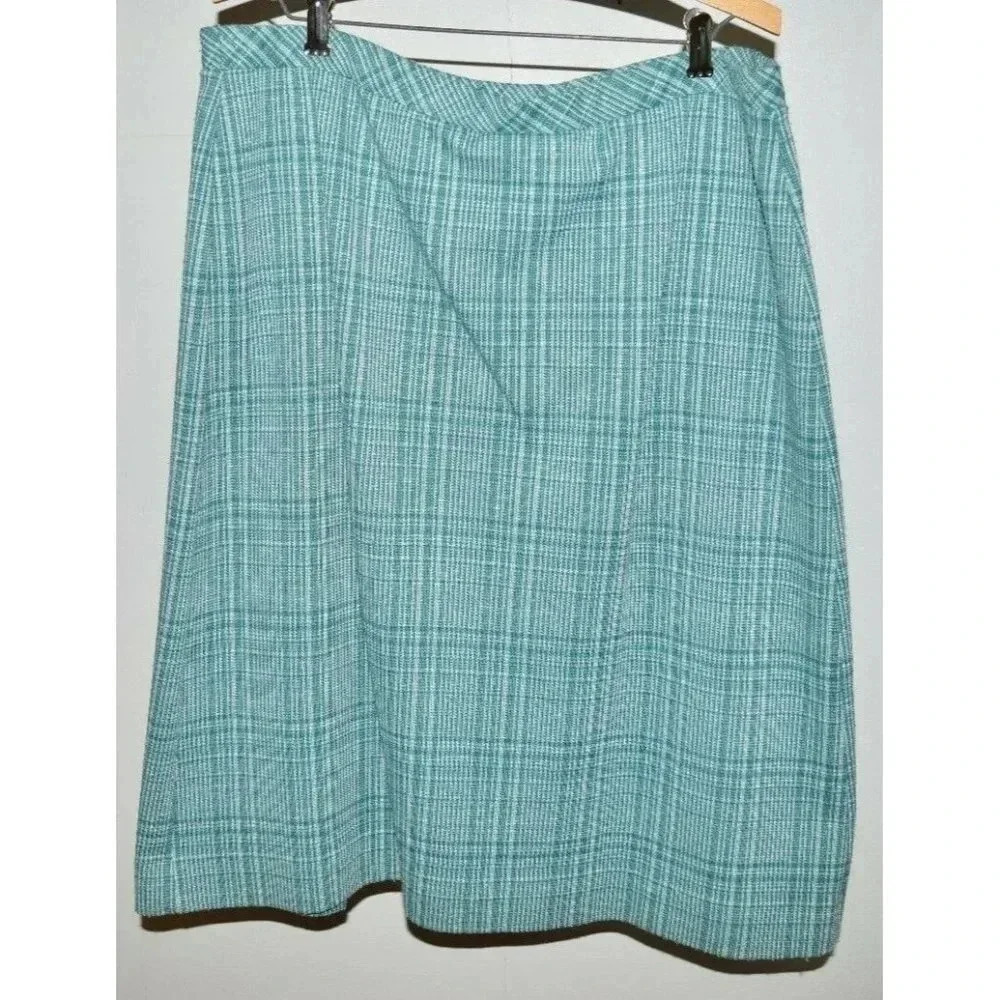 VTG LADY DEVON Green Cream Plaid Tweed Like Pleated Wool Skirt Size 34
